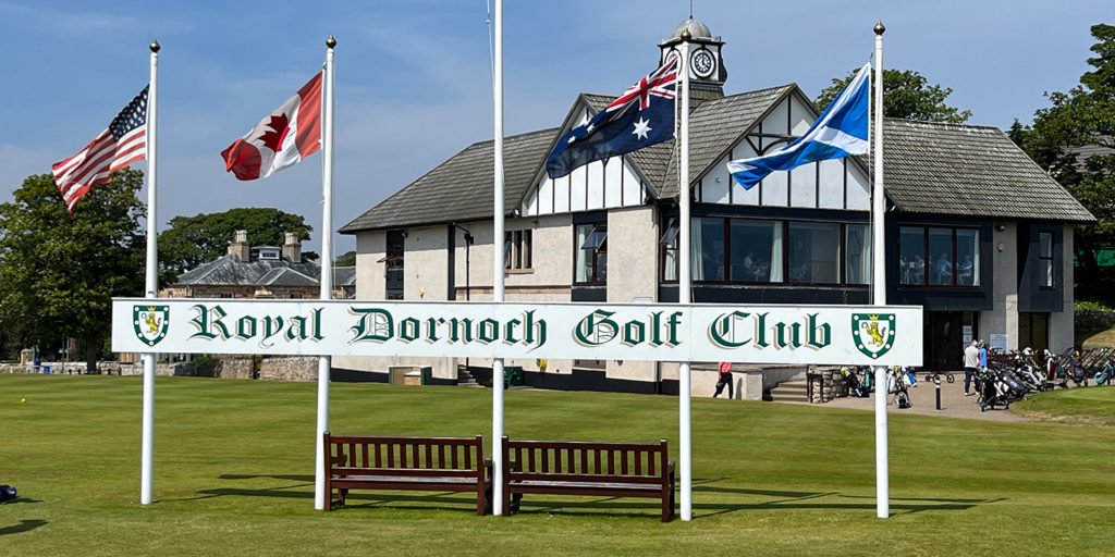 Royal Dornoch flags and clubhouse