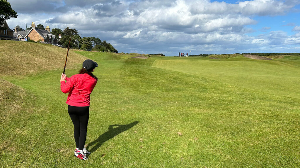 Royal Dornoch Golf Club junior member Mary McFall with hickory golf clubs